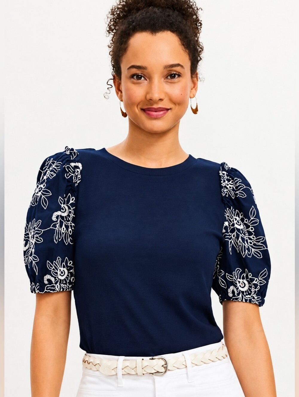 ❤️ NWOT! LOFT EMBROIDERED EYELET PUFF SLEEVE RIBBED TOP, LARGE